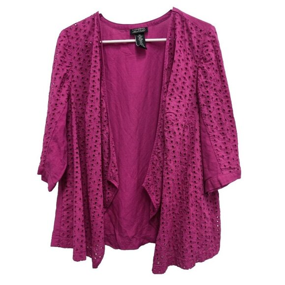Catherines Womens 3/4 Sleeve Eyelet Cardigan Size 14/16 Magenta Pink Open Cotton - Picture 1 of 7